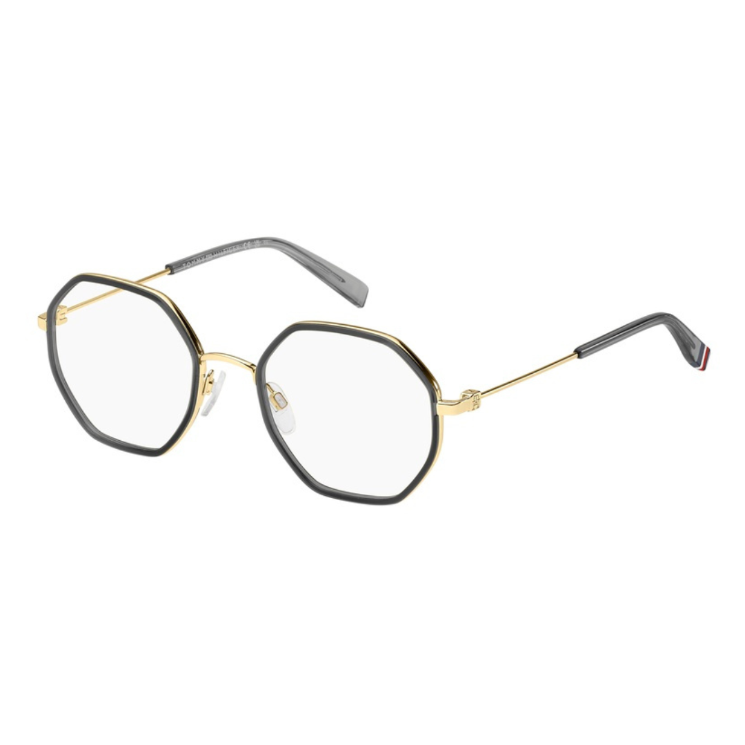 Tommy Hilfiger sešstūra melnas un zelta brilles